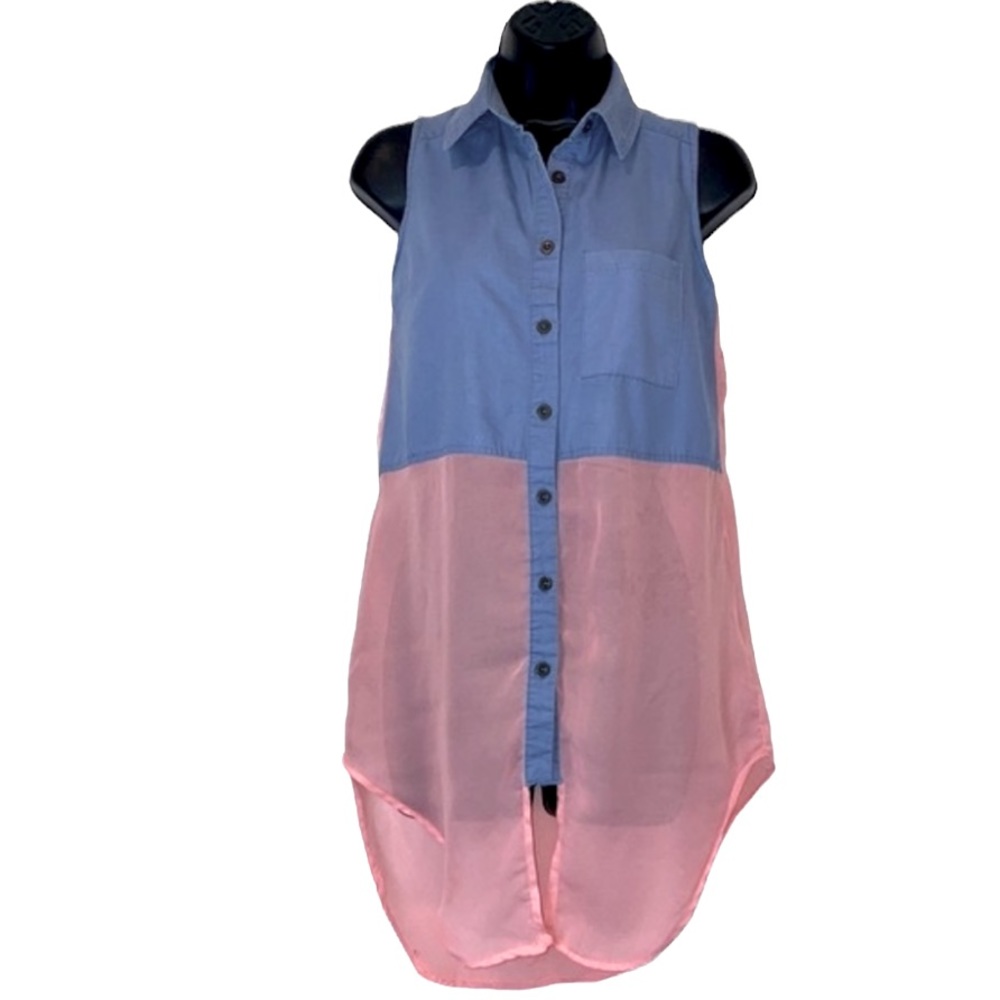 Last Kiss Denim & Sheer Button Down Sleeveless Long Flowy Blouse Top Pink Blue S - Picture 1 of 8